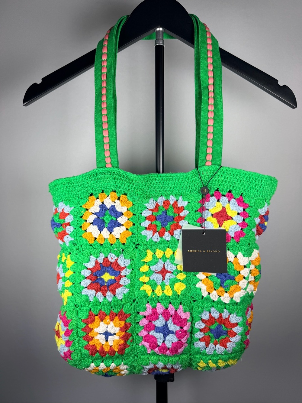 America & Beyond Green Crochet Granny-Square Tote